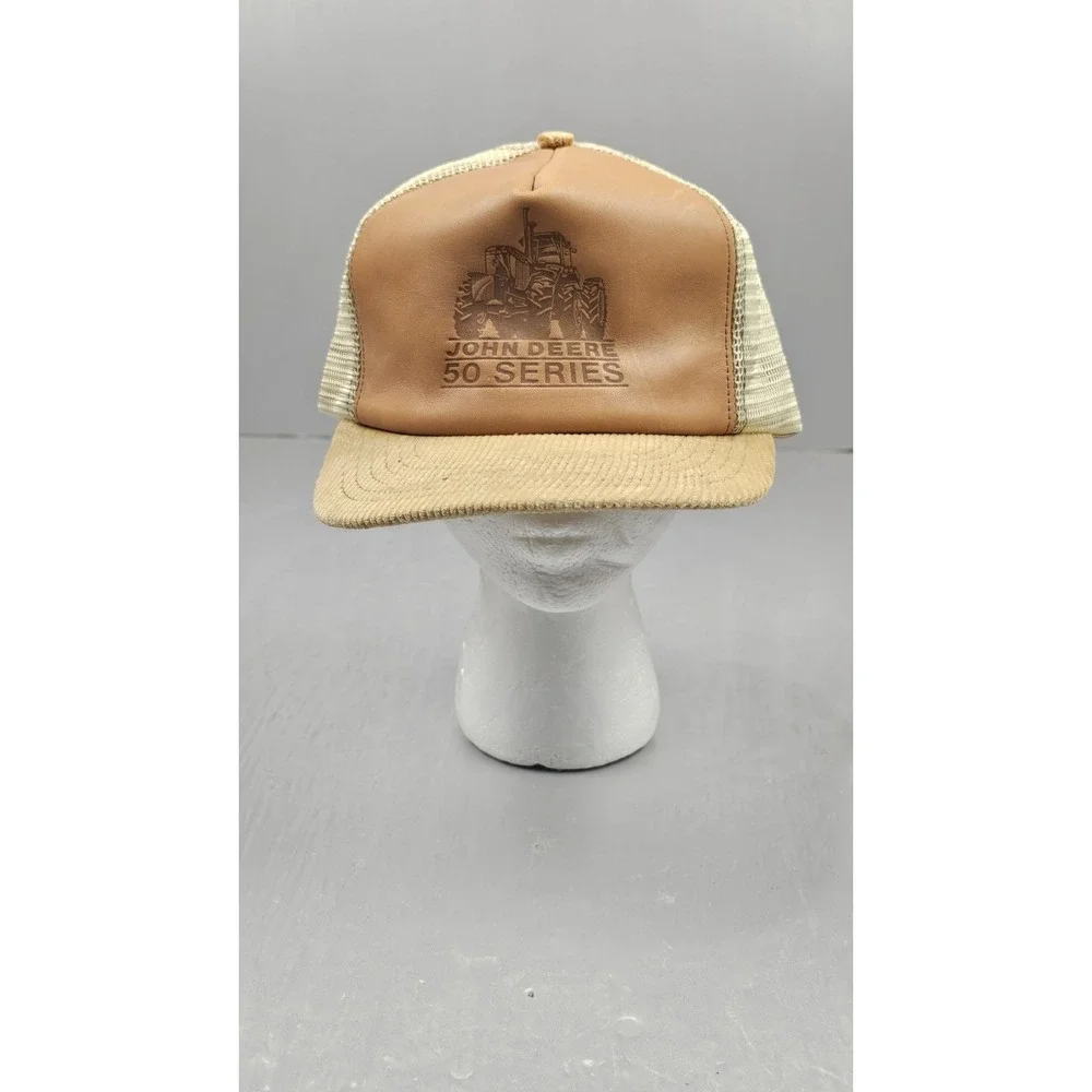 VTG John Deere 50 Series Snap Back Hat Beige Trucker Leather Cap Corduroy‎ USA